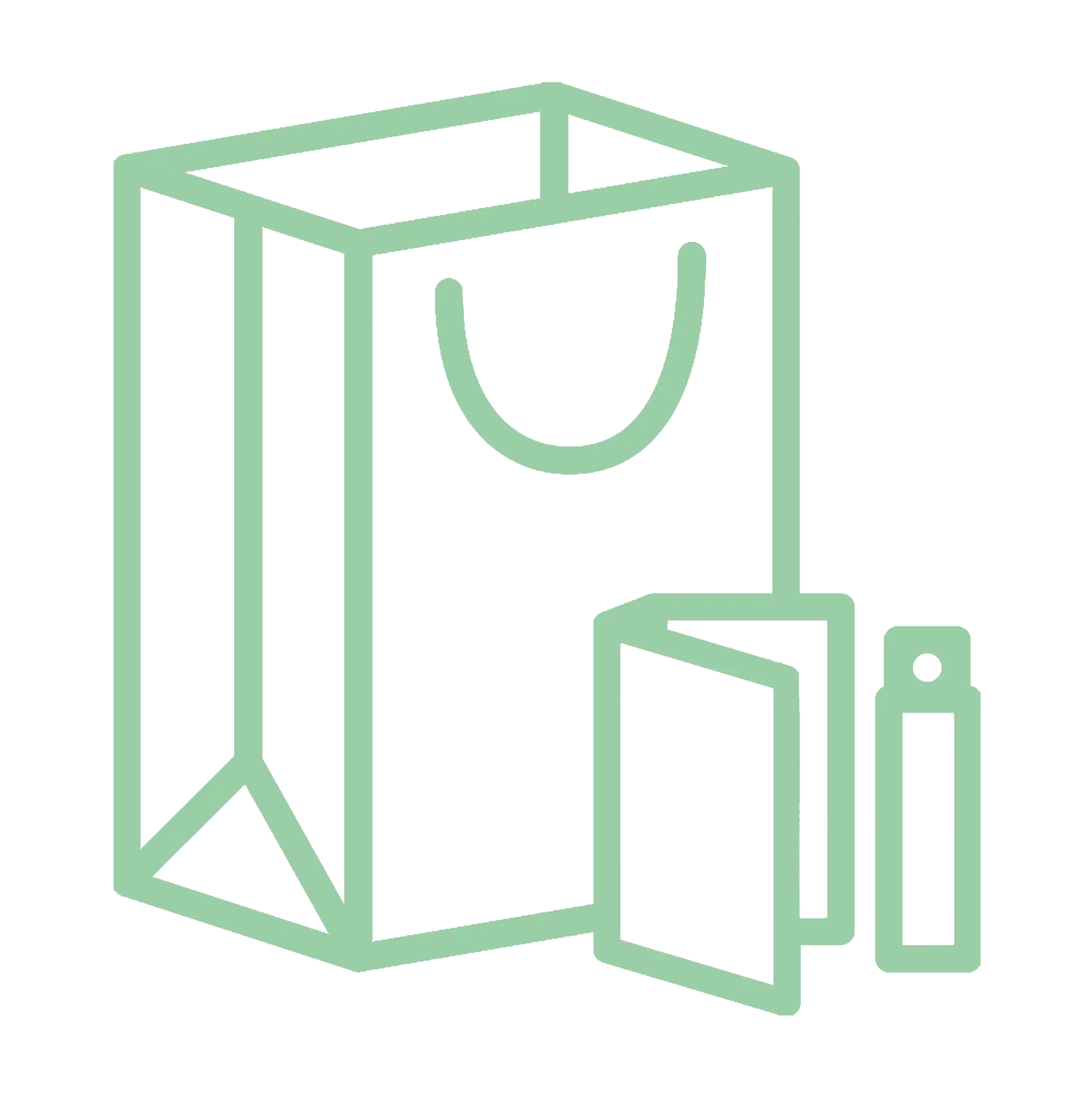 Simple line drawing of a shopping bag and book in mint green color.