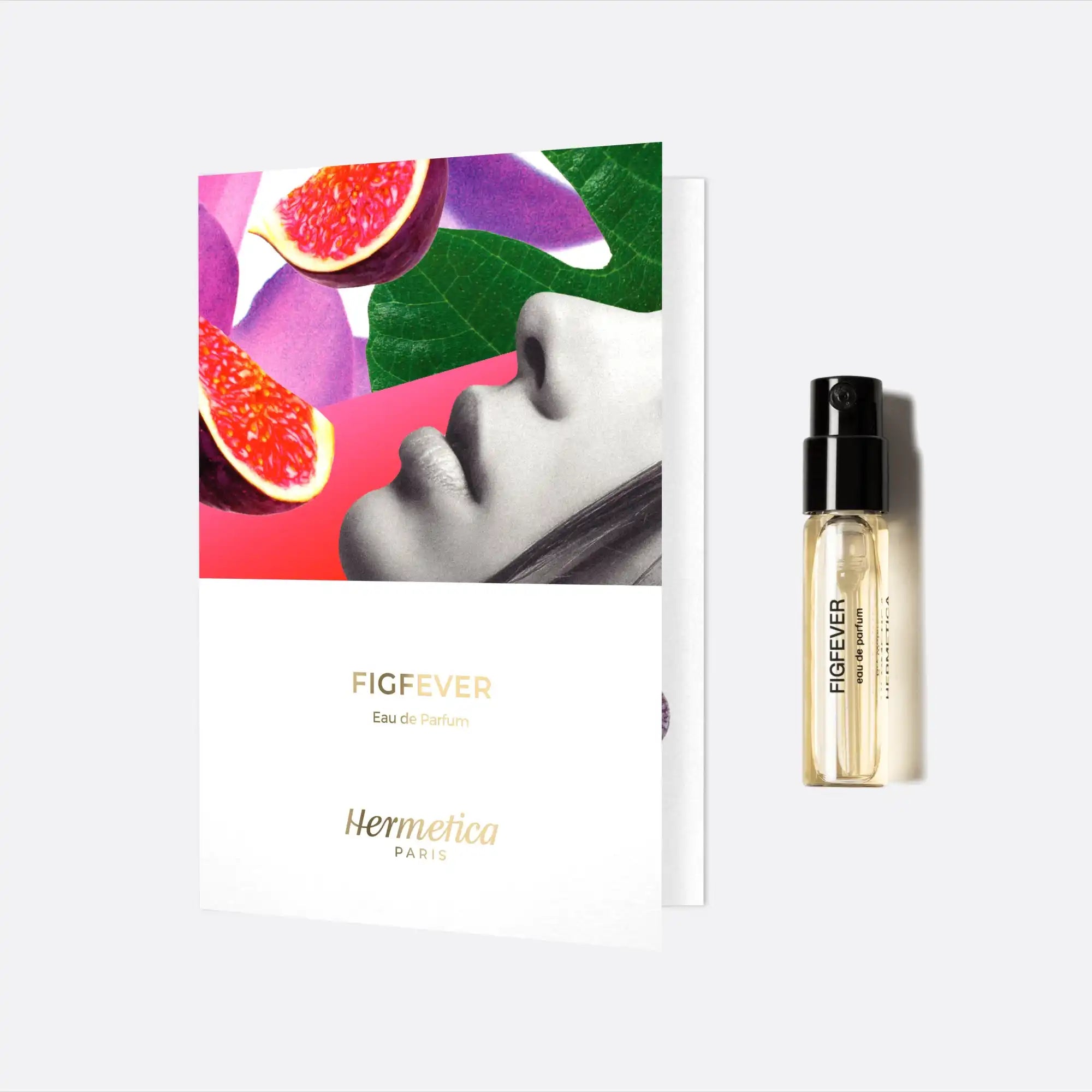 Perfume sample vial with packaging featuring fig imagery.