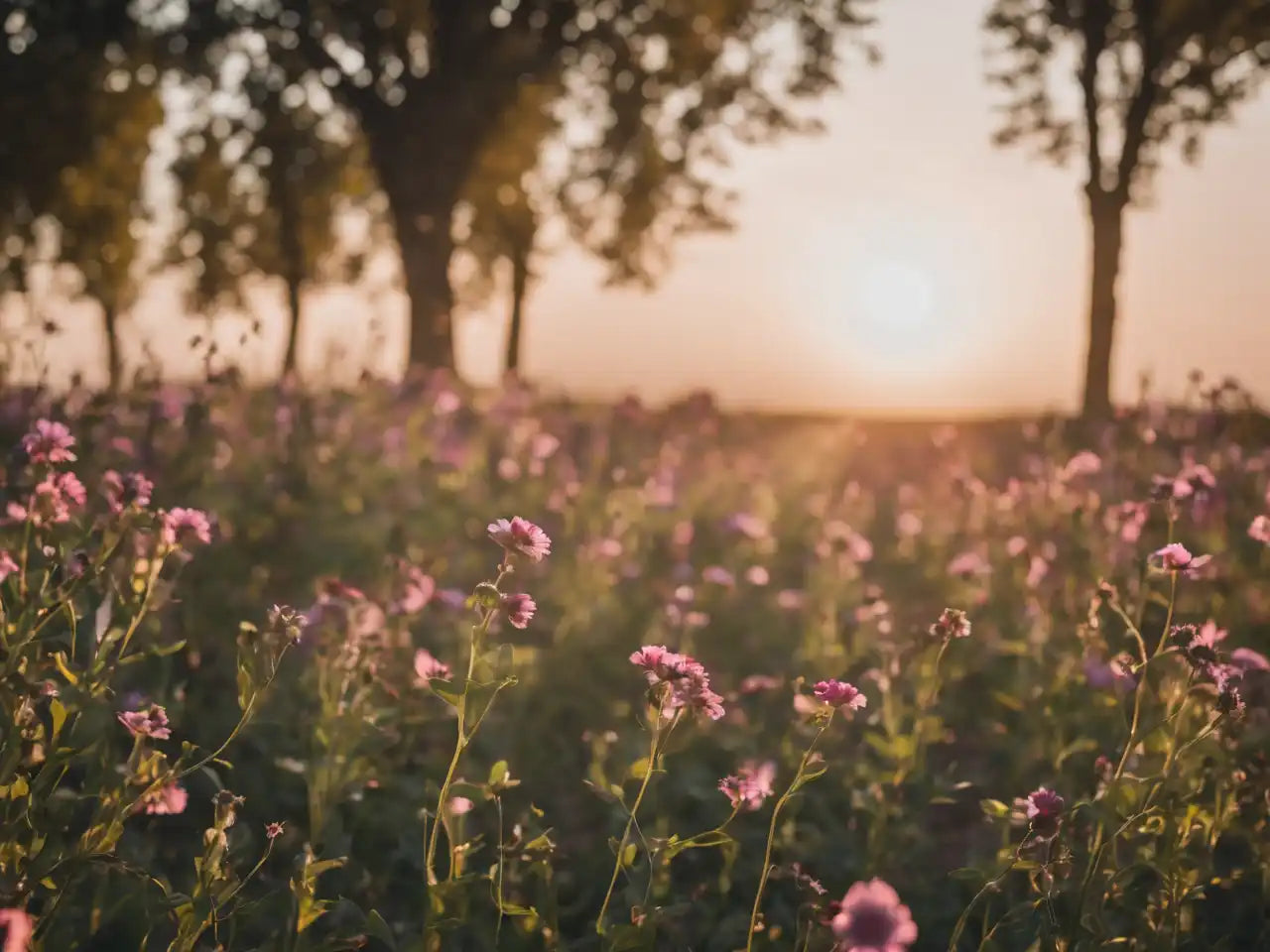 Pink wildflowers blooming in a meadow.